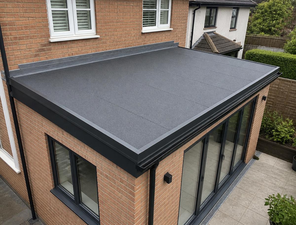 Aerial view of a neat grey flat roof with lead flashing
