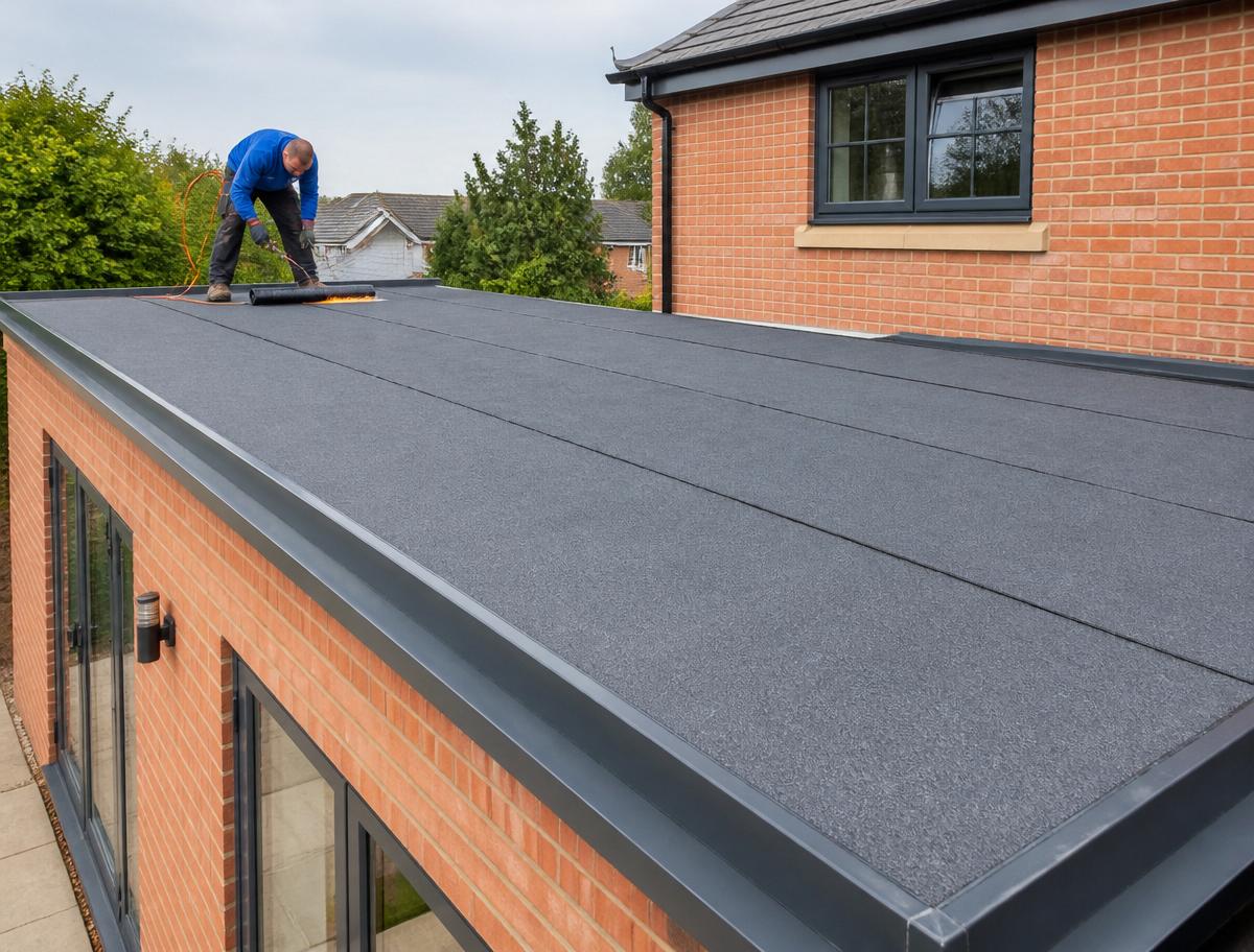 Completed torch-on-felt flat roof on a brick extension