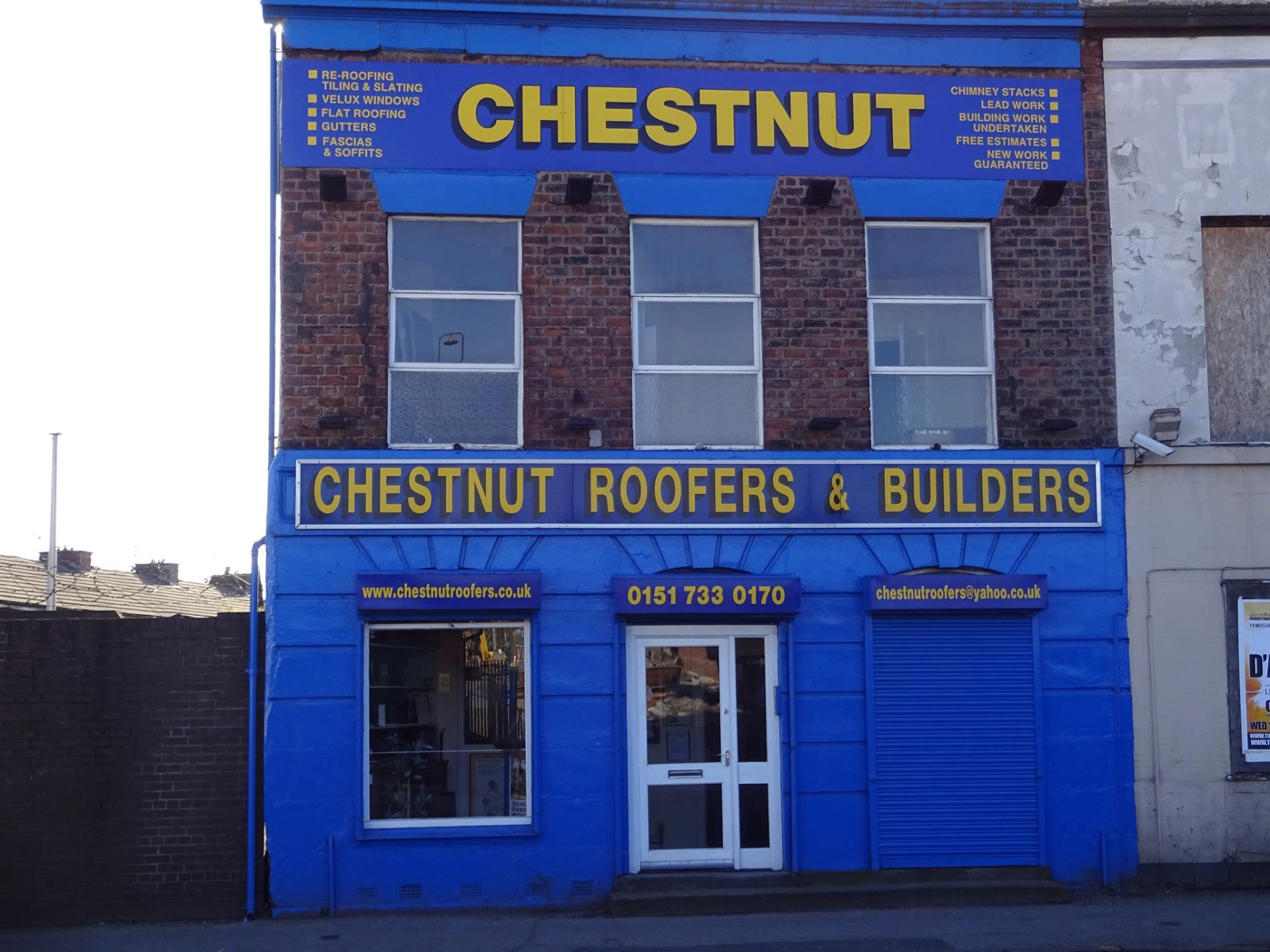 Chestnut Roofers and Builders shopfront on Picton Road, Liverpool