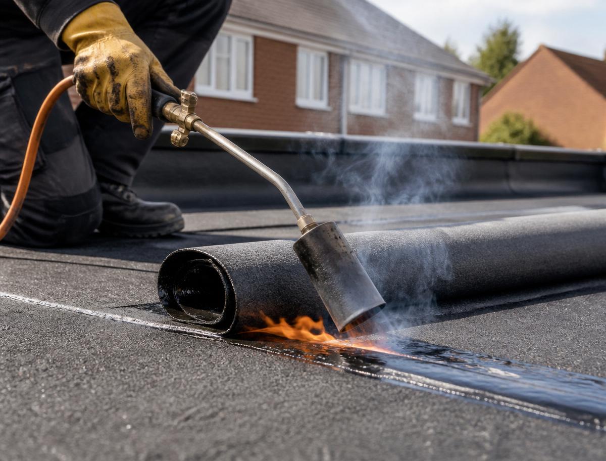 Roofer heat-bonding torch-on-felt membrane with a propane torch